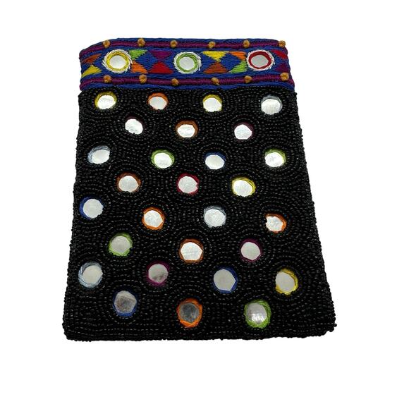 Vintage Cache Beaded Coin Purse Lined Zipper Pouch Black Aztec Print Mirrors - Picture 1 of 8